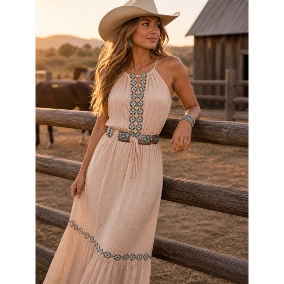 Lucky Brand Dresses & Skirts - Lucky Brand Maxi Dress Womens Medium Sand Combo Embroidered Boho Western  New